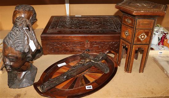 Chinese carved box, Islamic table, tray, cross & 2 African carved heads